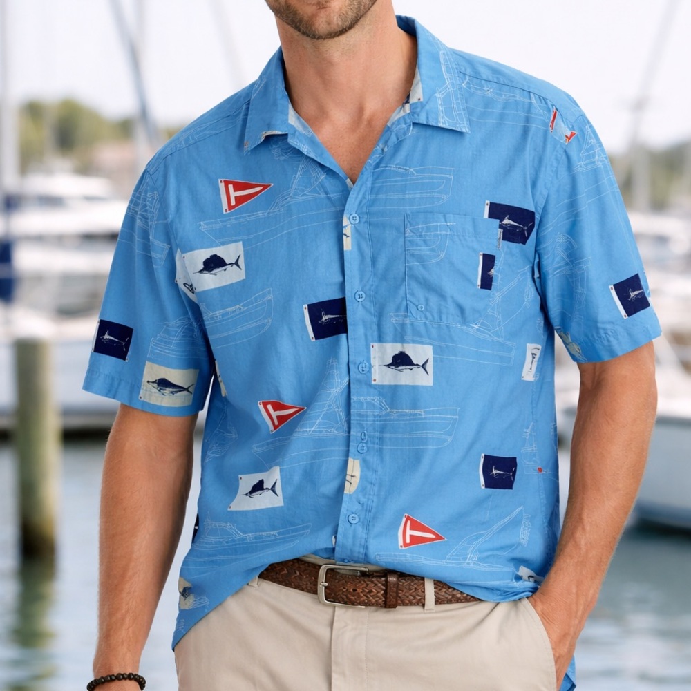Columbia PFG Trollers Best Men's Fish Boat Print Short Sleeve Shirt‎ Large